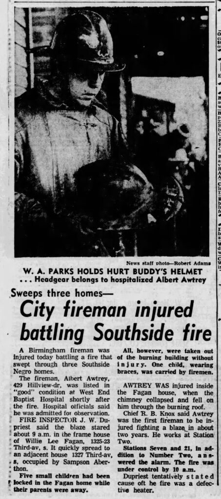 A newspaper article titled “City fireman injured battling Southside fire.”