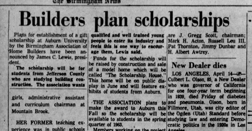 A newspaper article title “Builders Plan Scholarships.”