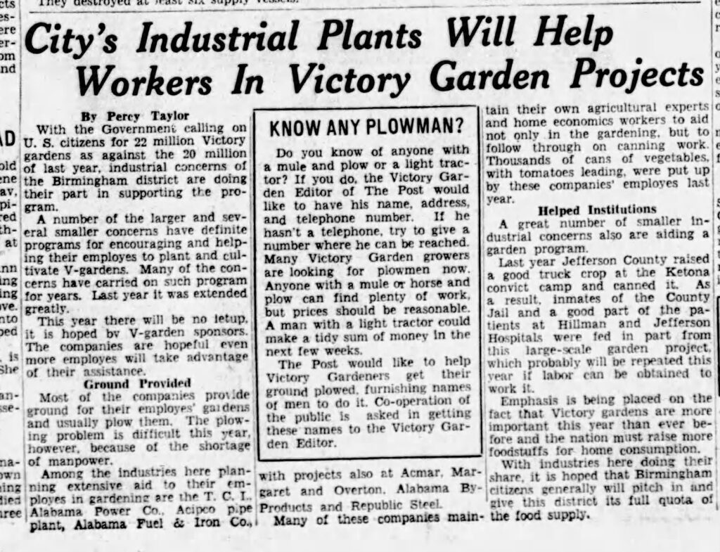 A newspaper article titled “City’s Industrial Plants Will Help Workers in Victory Garden Projects.”