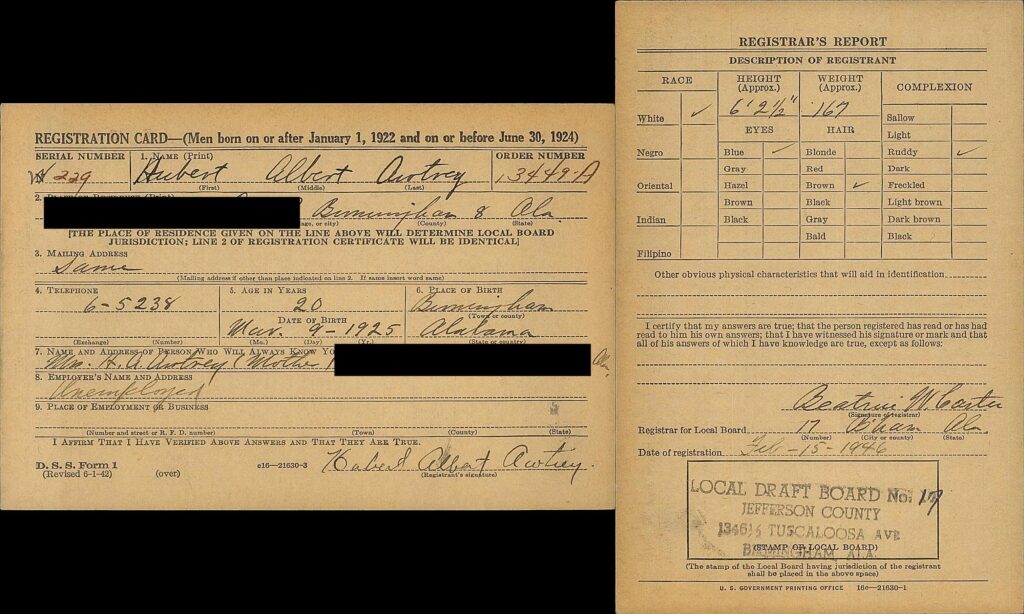 A hand-written card with information about Awtrey
