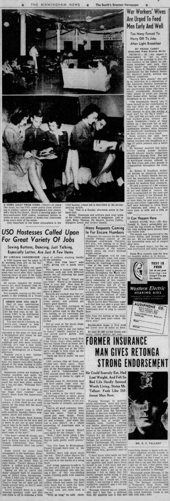 A newspaper article titled “USO Hostesses Called Upon for Great Variety of Jobs”