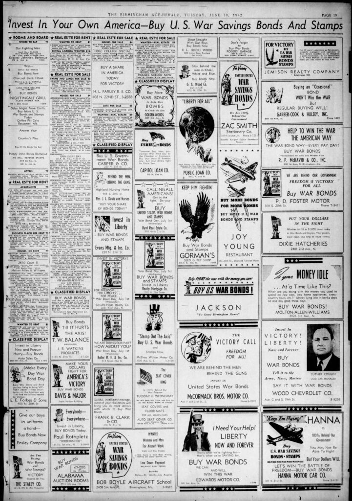 A full page of a newspaper featuring various ads for war bonds.