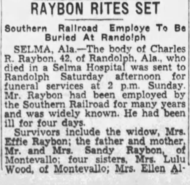 A newspaper article titled, “Raybon Rites Set.”