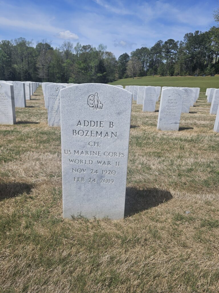 An arched white marble headstone.