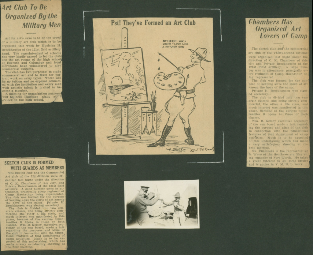 A scrapbook page featuring four clippings from the newspaper titled, “Art Club to be Organized by the Military Men,” “Pst! They’ve Formed an Art Club,” “Chambers Has Organized Art Lovers of Camp,” and “Sketch Club is Formed With Guards as Members.” There is also a picture a black and white image of two men at the bottom of the page.