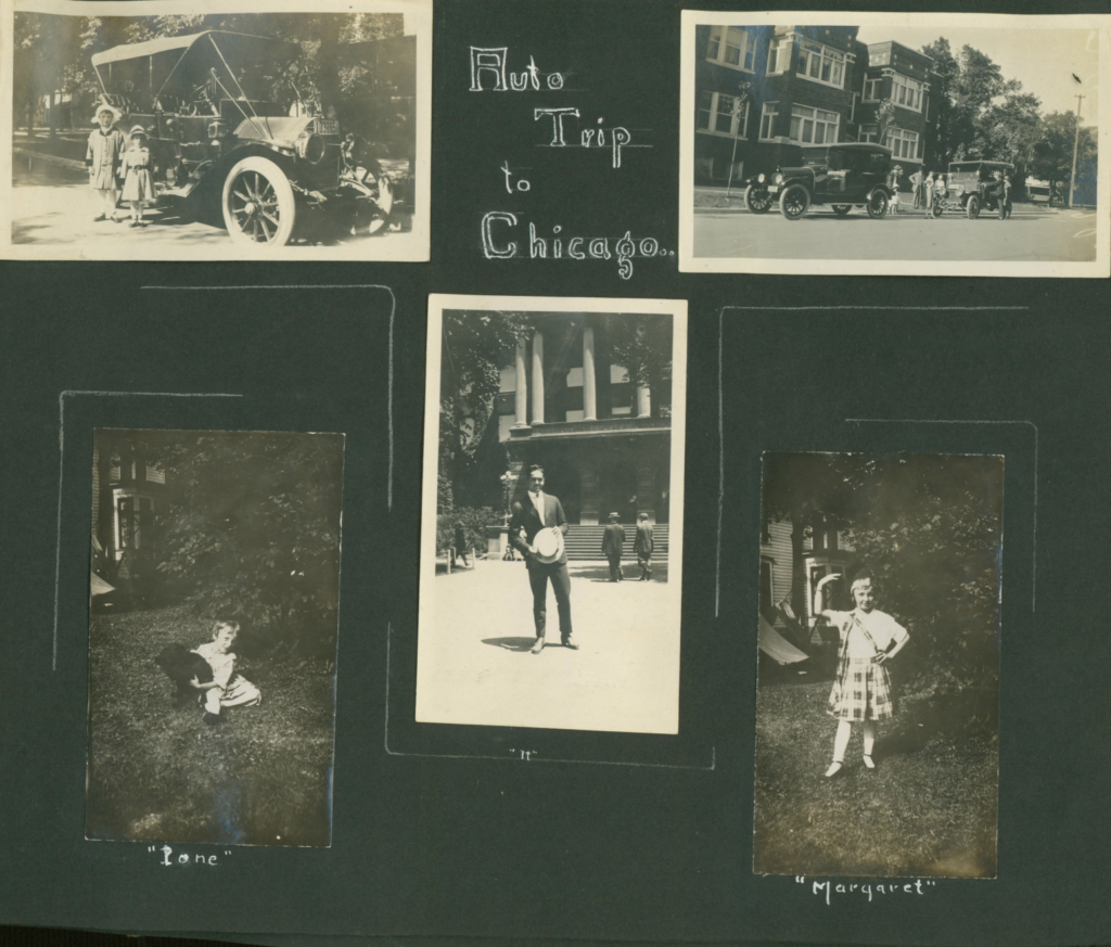 A page from a scrapbook featuring five images. Two with cars and three with individual people. The page is titled “Auto Trip to Chicago.”