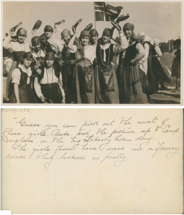 The top image shows multiple women in “fancy dress” with tamborines. There is a Norwegian flag in the background.