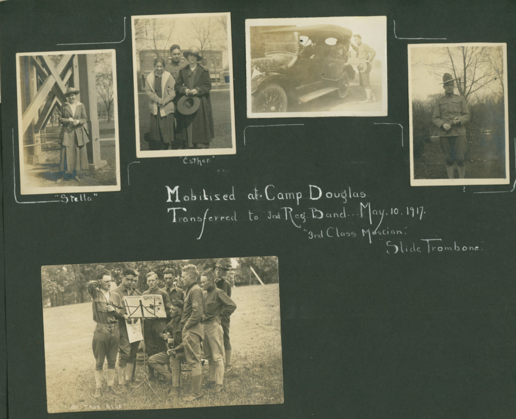 A scrapbook page featuring five images of White men and women. The title of the page reads “Mobilized at Camp Douglas Transferred to 3rd Reg Ban - May 10, 1917 - 3rd Class Musician - Slide Trombone.”