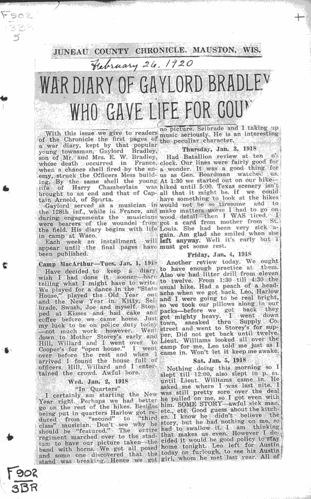 A newspaper article titled, “War Diary of Gaylord Bradley Who Gave Life For Country.