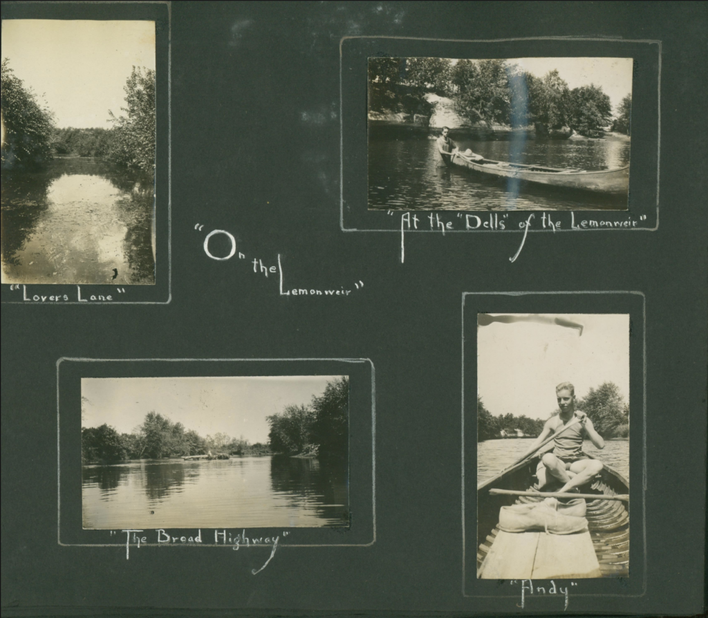 A page out of a scrapbook featuring four separate images on the Lemonweir River. The photos are captioned individually and the entire page has a title - “On the Lemonweir.”