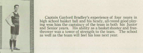 A black and white yearbook entry of a young white boy standing in his basketball uniform. To the right of the image is a summary of Bradley’s time playing the sport.