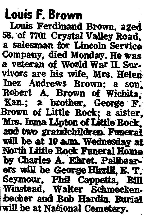 A newspaper obituary titled. “Louis F. Brown.”