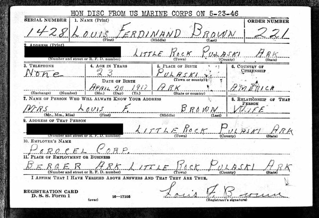 A handwritten card with information about Brown.