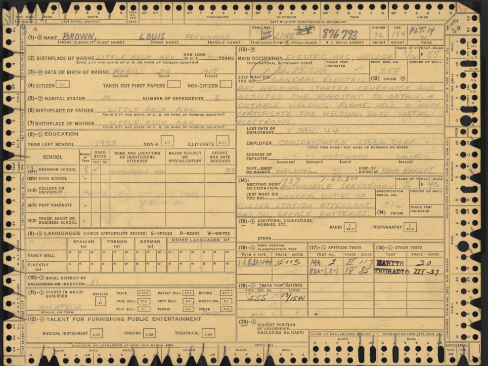 A handwritten form filled in with information about Brown before the war.