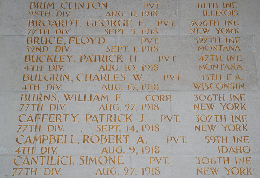Patrick Buckley's name on the wall as Oisne-Aisne American Cemetery.