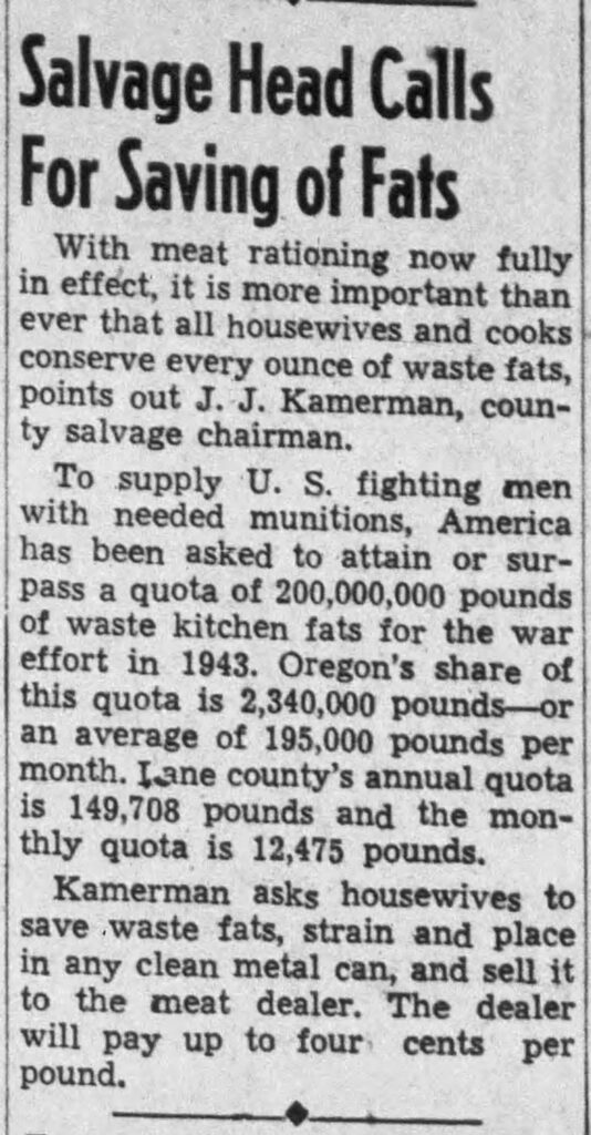 A newspaper article titled, "Salvage Head Calls for Saving of Fats."