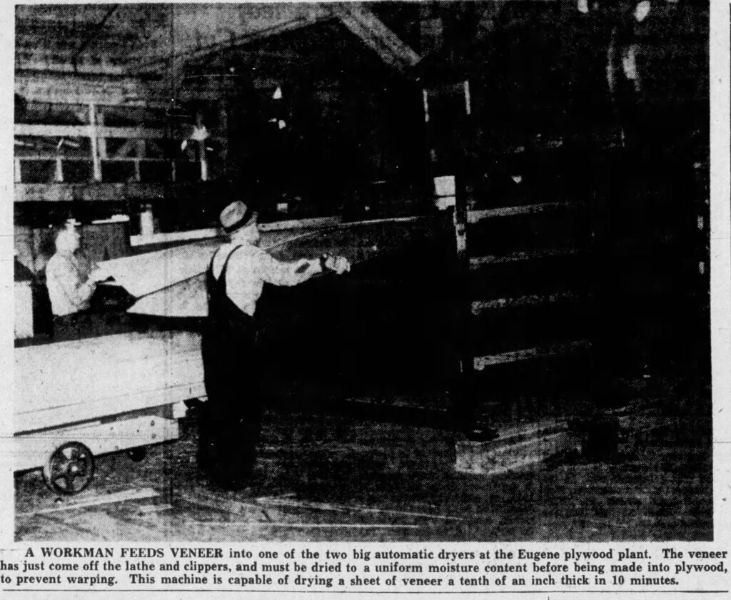 A newspaper image showing two workmen feeding veener into dryers at a plywood plant.