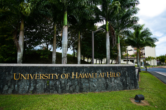 A color image of a stone entrance that reads “University of Hawaii at Hilo.” lined with palm trees.