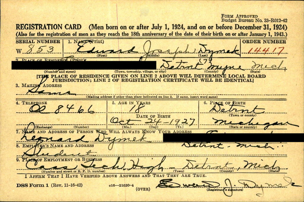 A handwritten card with information on Dymek.