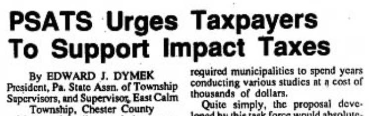 A newspaper article titled “PSATS Urges Taxpayers to Support Impact Taxes.”