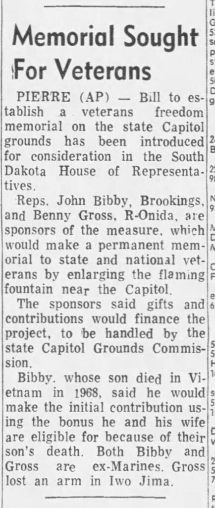 A newspaper article titled, “Memorial Sought for Veterans.”