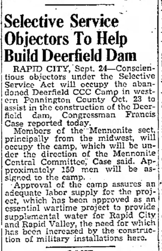 A newspaper article titled, “Selective Service Objectors to Help Build Deerfield Dam.”