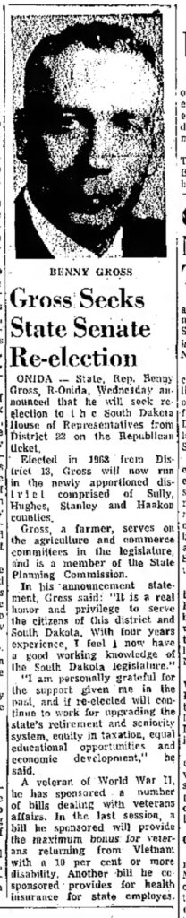 A newspaper article titled “Gross Secks State Senate Re-election” featuring a black and white headshot image of a White man.