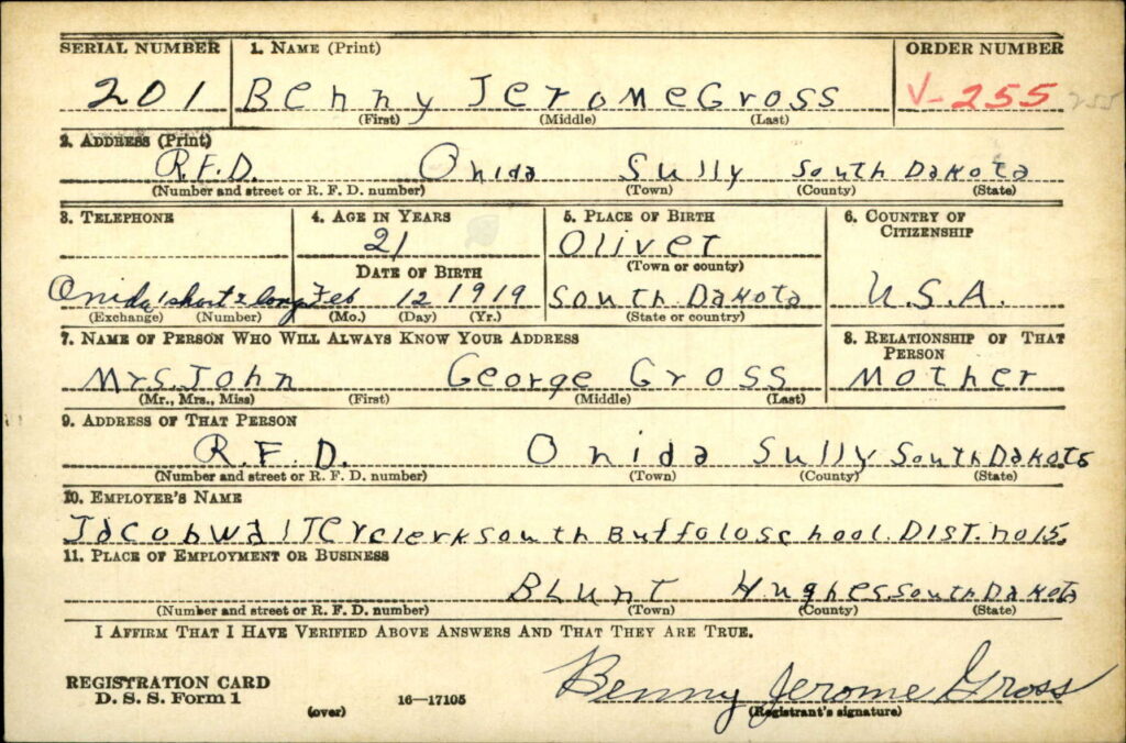 A handwritten card with information about Gross.