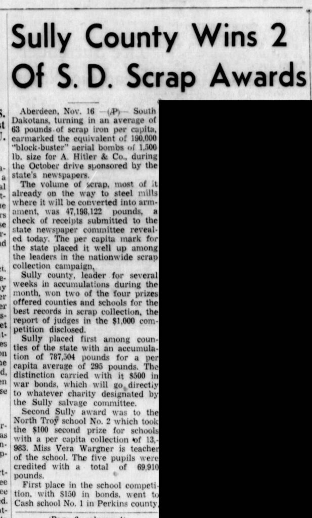 A newspaper titled “Sully County Wins 2 of S.D. Scrap Awards.”