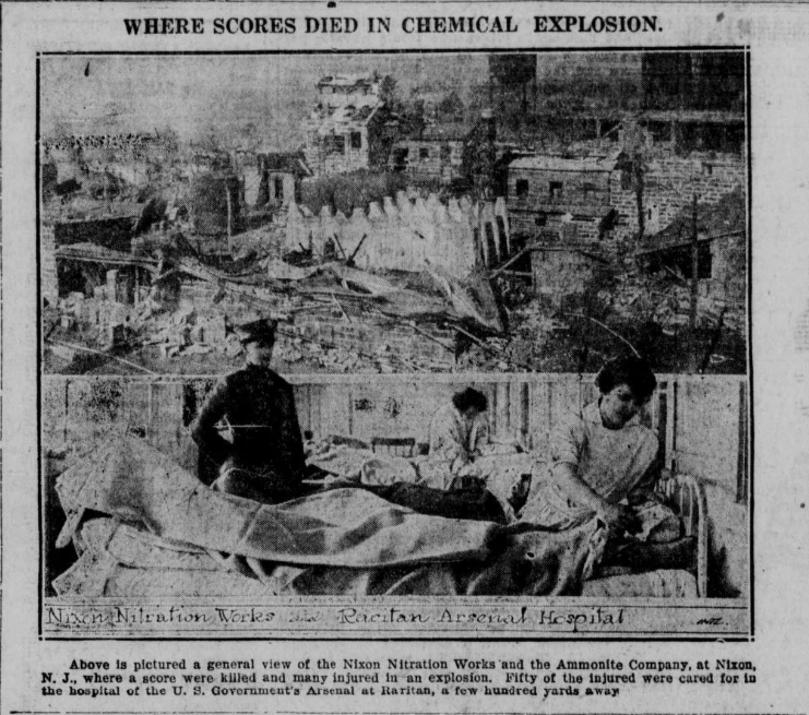A snippet from the newspaper that reads, “Where scores died in chemical explosion.” The top image shows an aerial image of the explosion wreckage. The bottom image shows nurses working on patients in a hospital.