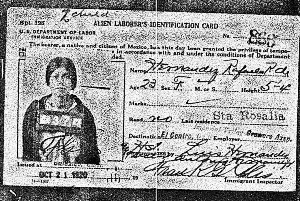 A black and white scan of an Alien Laborer’s Identification Card featuring name, sex, age, destination, etc. Attached is a headshot of a young woman. 
