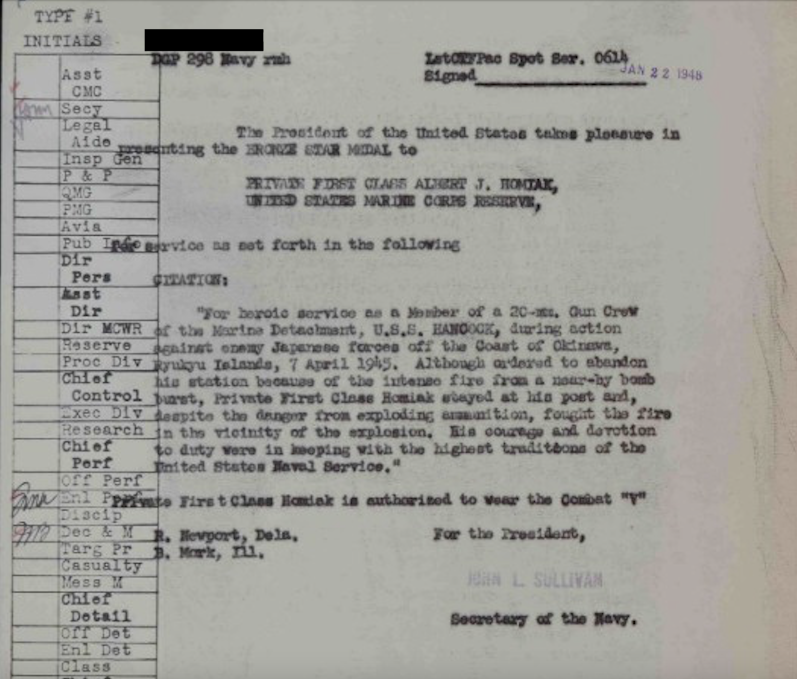 A typed letter explaining the reason for Homiak getting a Bronze Star.