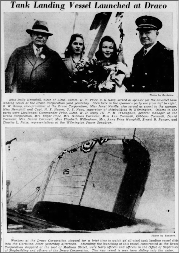 A newspaper article titled “Tank Landing Vessel Launched at Davo” features two large images. The top one is two men and two women at the ceremony. The bottom one is the ship going into the water.