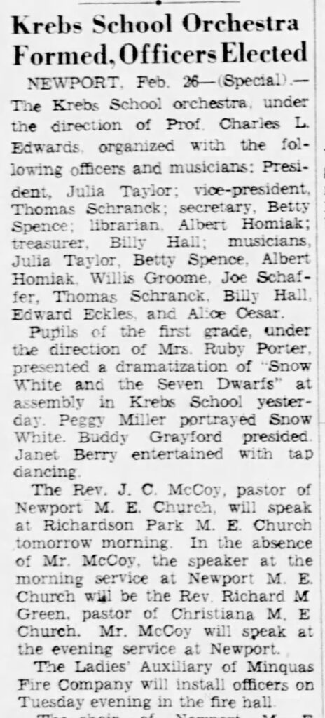A newspaper article titled “Krebs School Orchestra Formed, Officers Elected.”