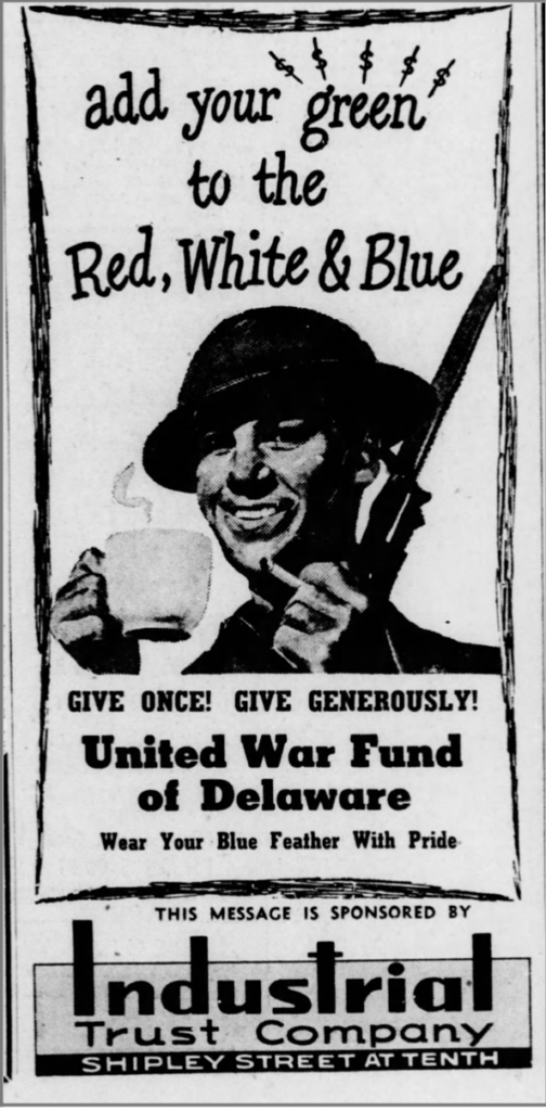 A black and white newspaper advertisement featuring a soldier holding a rifle and a cigarette in one hand and a steaming cup of coffee in the other.