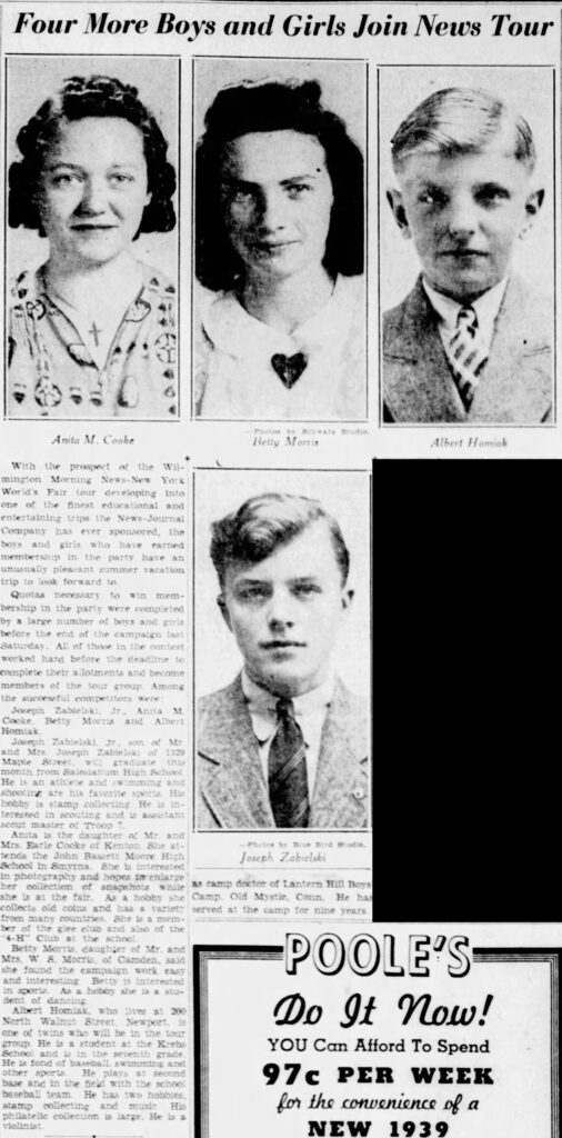 A newspaper article titled “Four More Boys and Girls Join News Tour.” with portraits of each child.