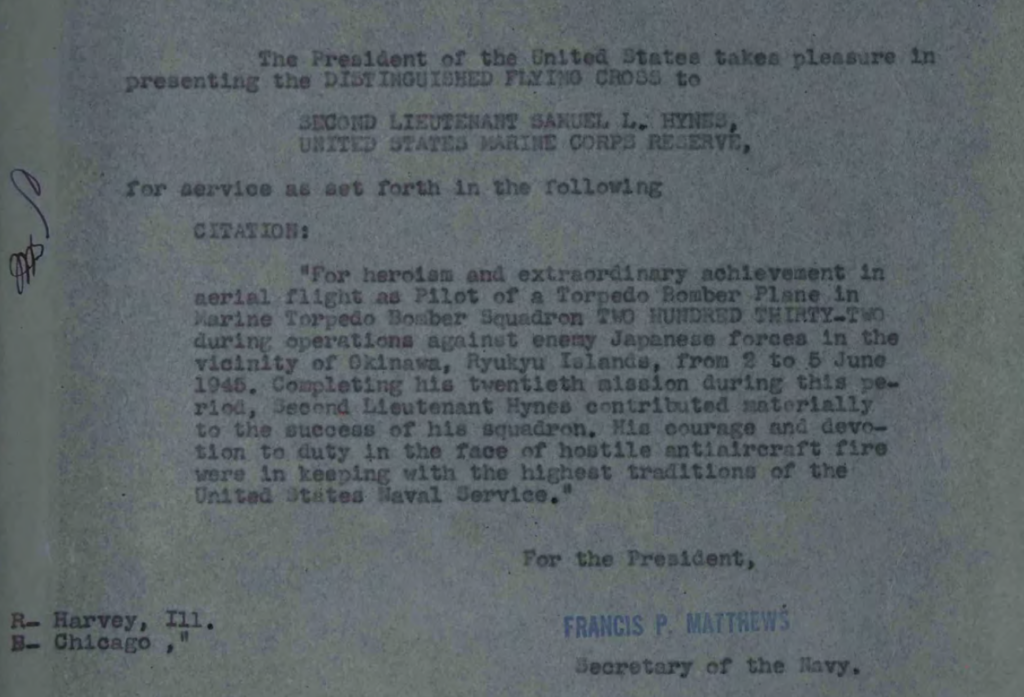 A typed letter describing accomplishments that earned the Distinguished Flying Cross.