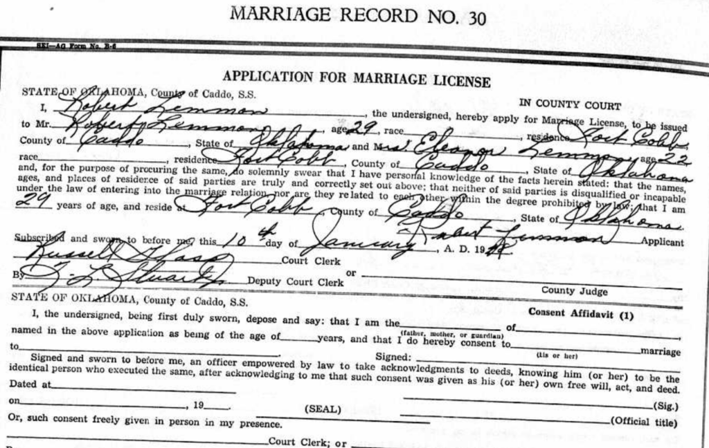 A record of marriage between Robert and Eleanor Lemmon.