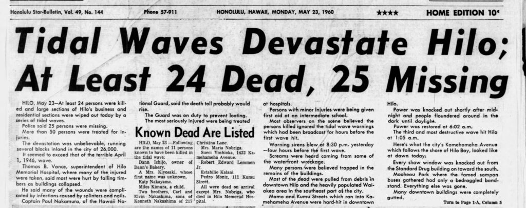Newspaper headline that reads “Tidal Waves Devastate Hil; At Least 24 Dead, 25 Missing.”