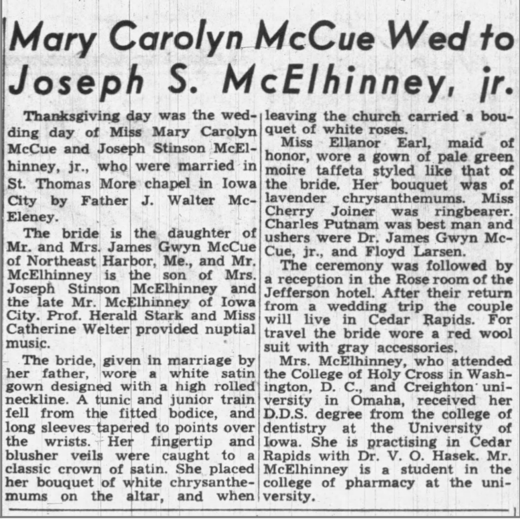 A newspaper article titled, “Mary Carolyn McCue Wed to Joseph S. McElhinney, Jr.”