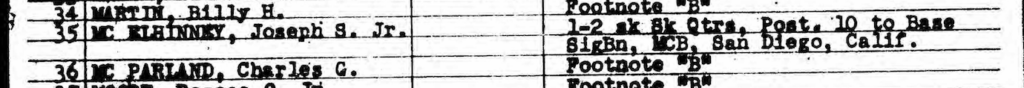 A typed entry for McElhinney on a muster roll. 