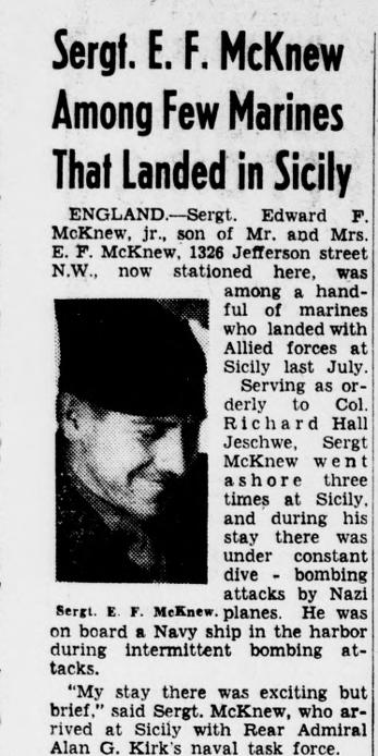 A newspaper article titled “Sergt. E.F. McKnew Among Few Marines That Landed in Sicily.”