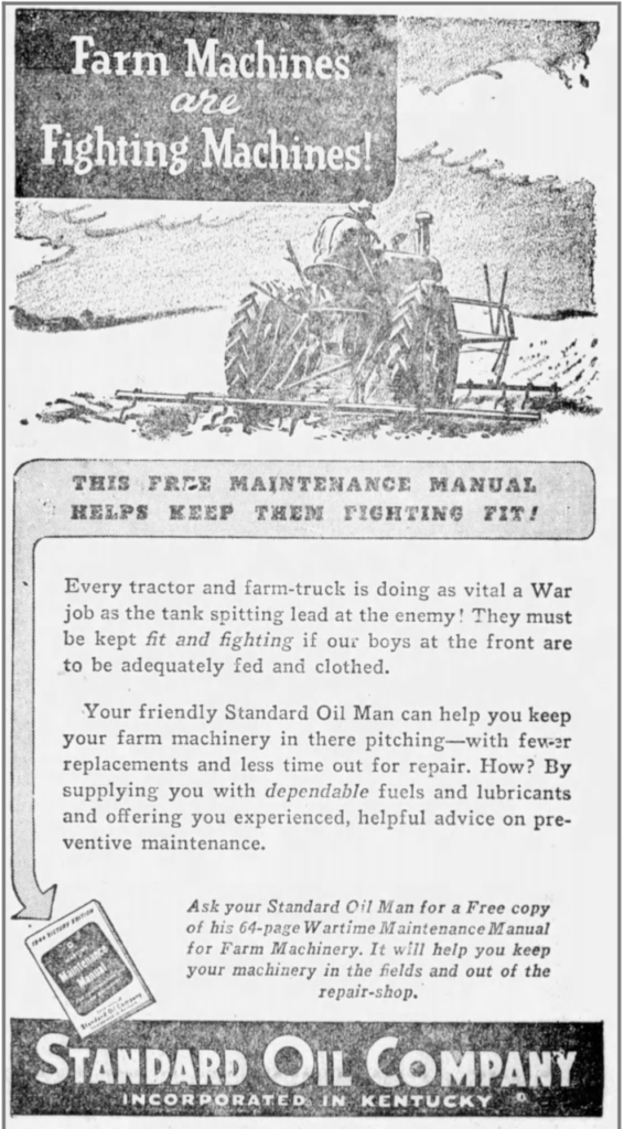 A newspaper advertisement featuring a drawing of a farmer driving a tractor with the heading “Farm Machines are Fighting Machines.”