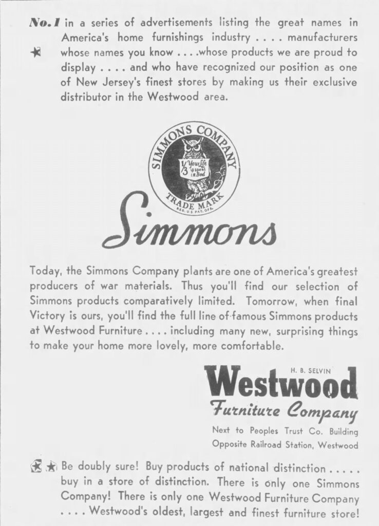 Newspaper ad featuring Simmons contribution to the war effort.
