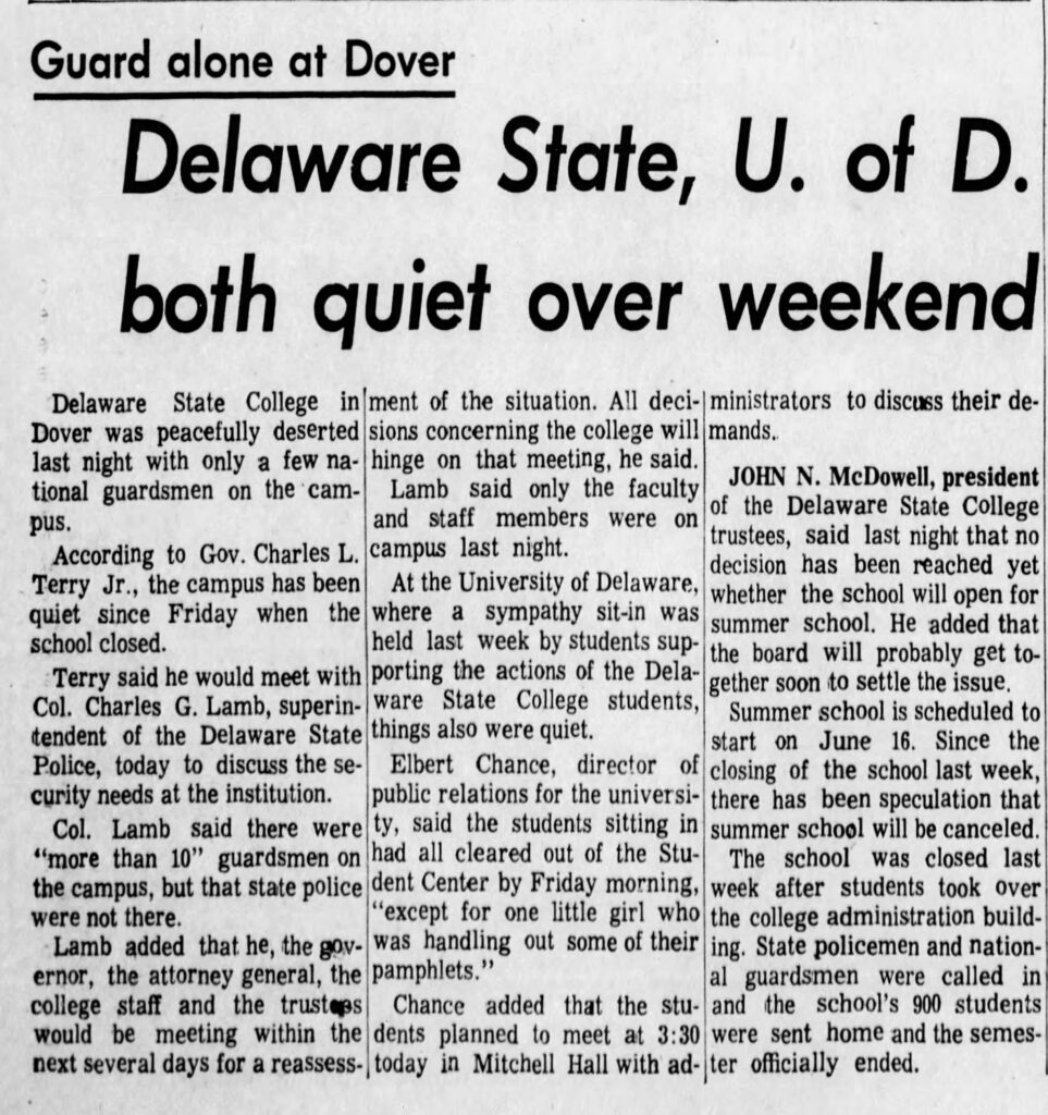A newspaper article titled, “Guard alone at Dover. Delaware State, U. of D., both quiet over weekend.