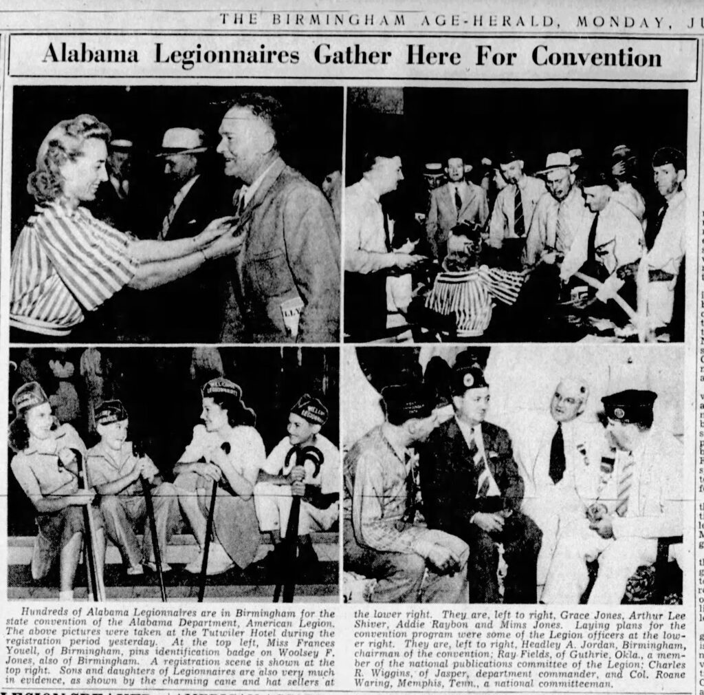 Four black and white images of people in American Legion hats with the title “Alabama Legionnaires Gather Here for Convention.”