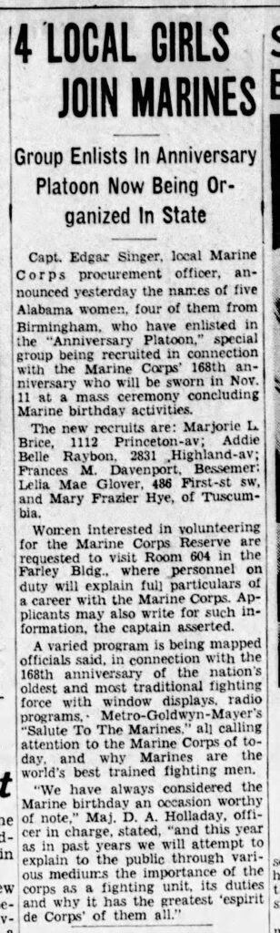 A newspaper article titled “4 Local Girls Join Marines.”