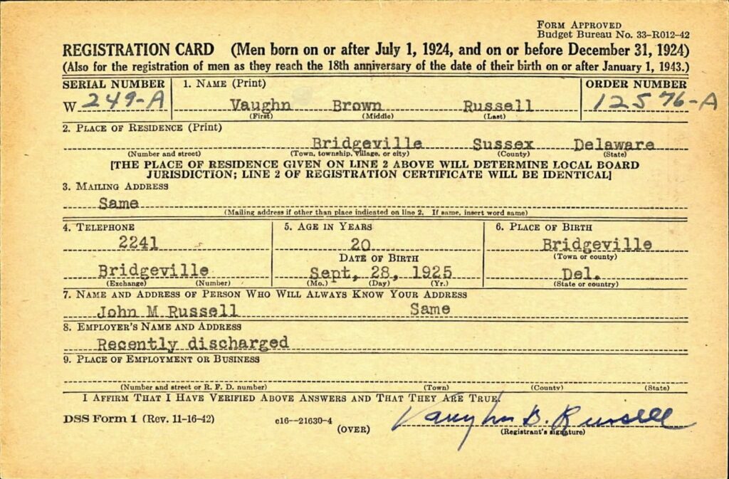 A hand-written card with information about Russell.