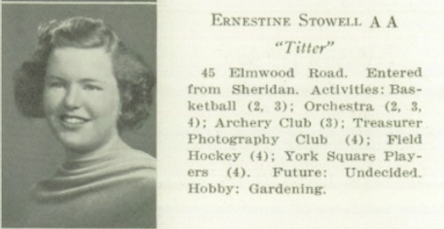A black and white headshot of a young White woman with typed information about her time at school.