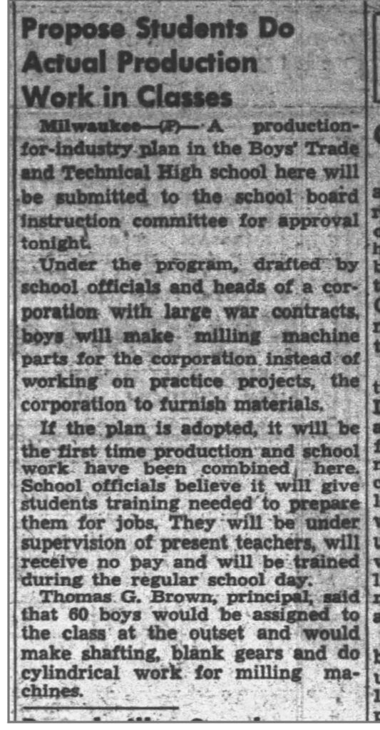 A newspaper article titled “Propose Students do Actual Production Work in Classes.”